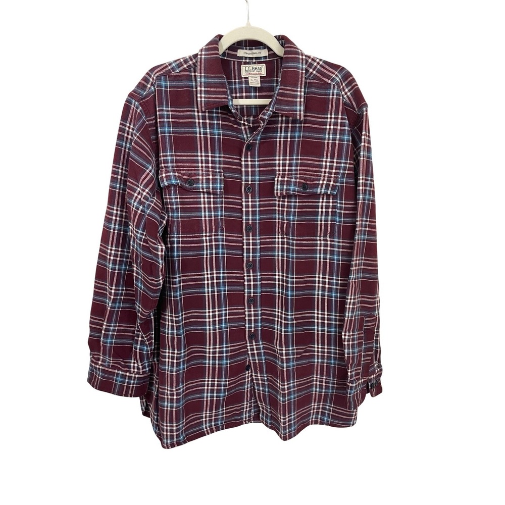 LL Bean Chamois Cloth Shirt Mens XL Tall Burgundy Plaid Flannel Traditional Fit